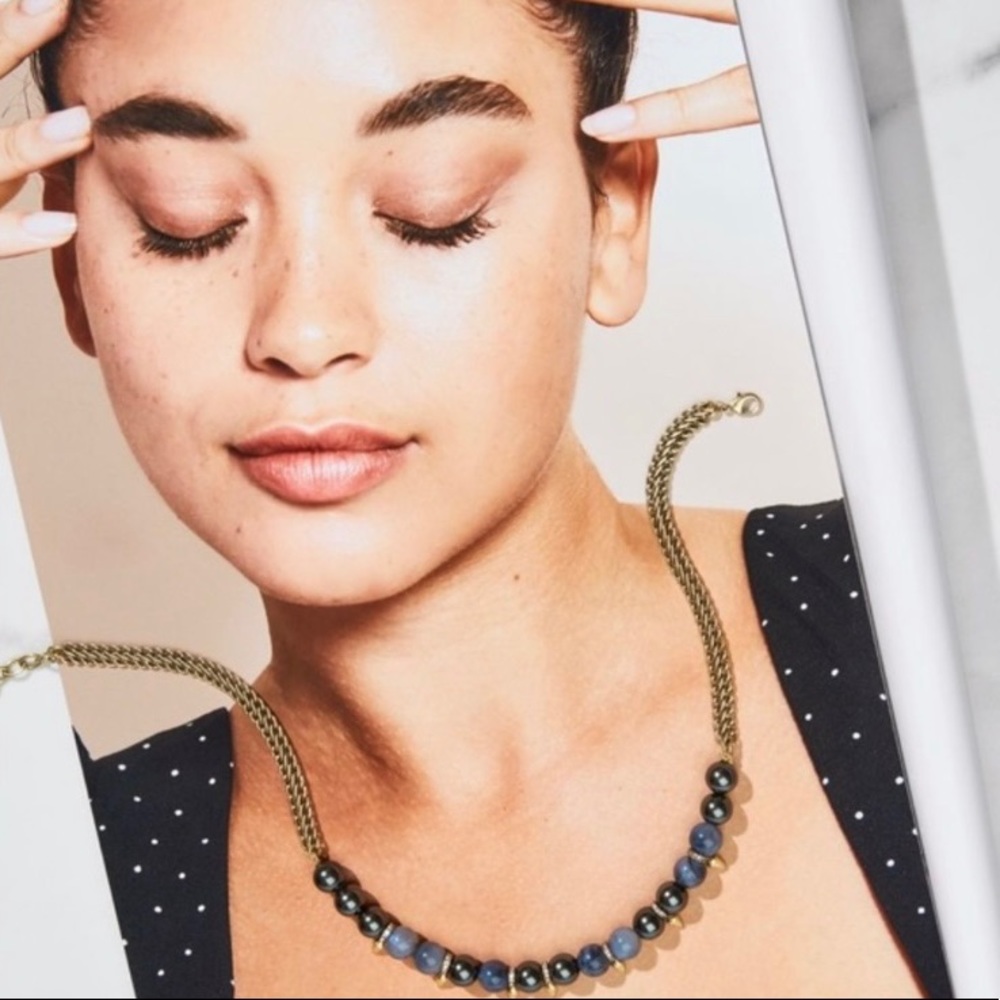 Stella & Dot | Blue Grey & Vintage Gold Elegant Spike Renegade Necklace - Picture 2 of 6